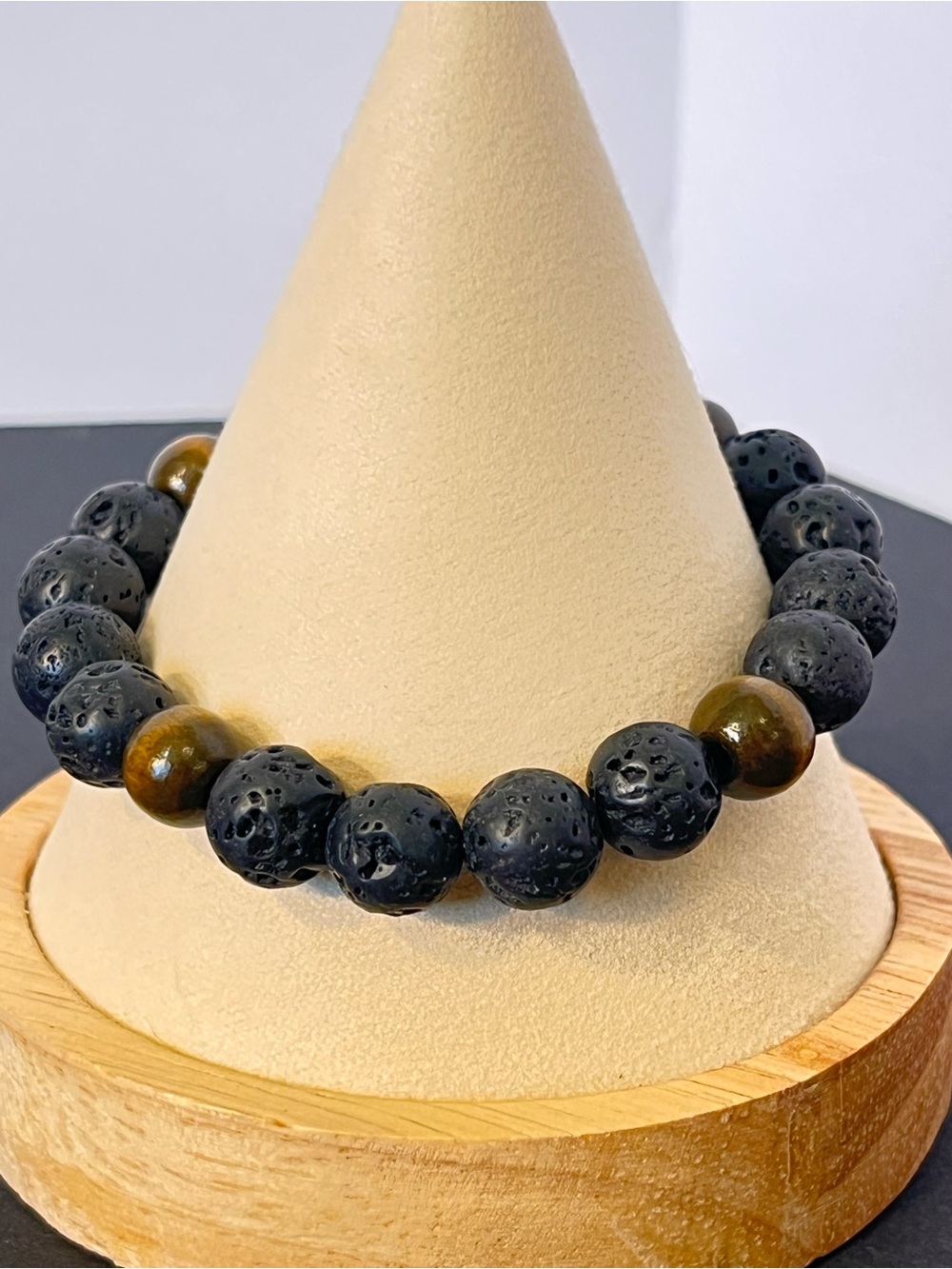 Handmade Men’s Black Lava Stone and Brown Wood Tiger Eye Beaded Bracelet